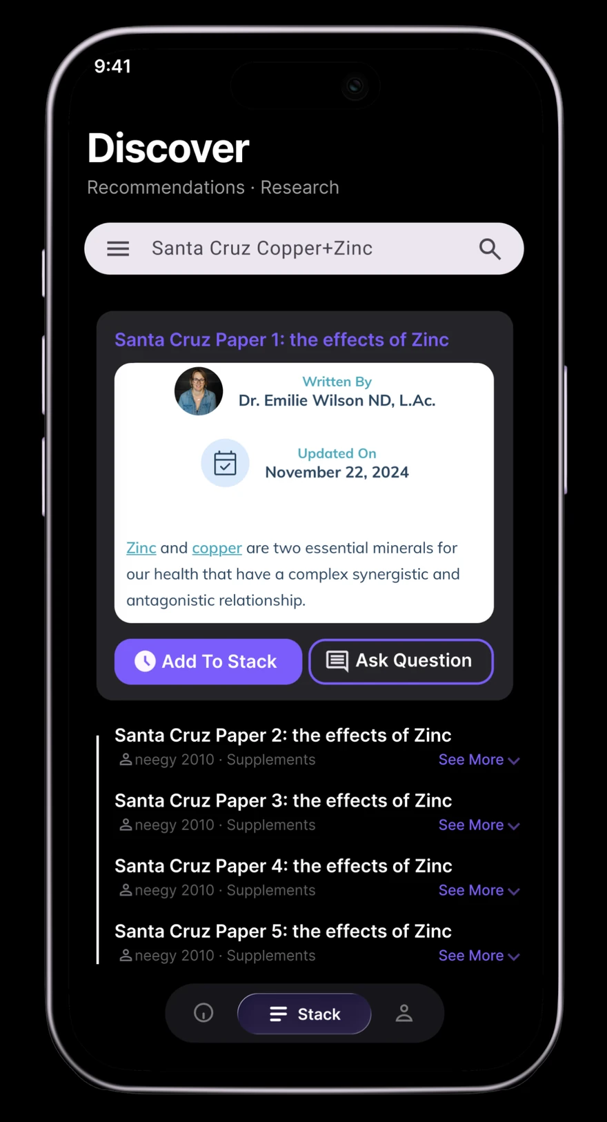 The Discover screen: a search for a copper and zinc supplement, the paper behind it with its author and date, and a list of further studies.