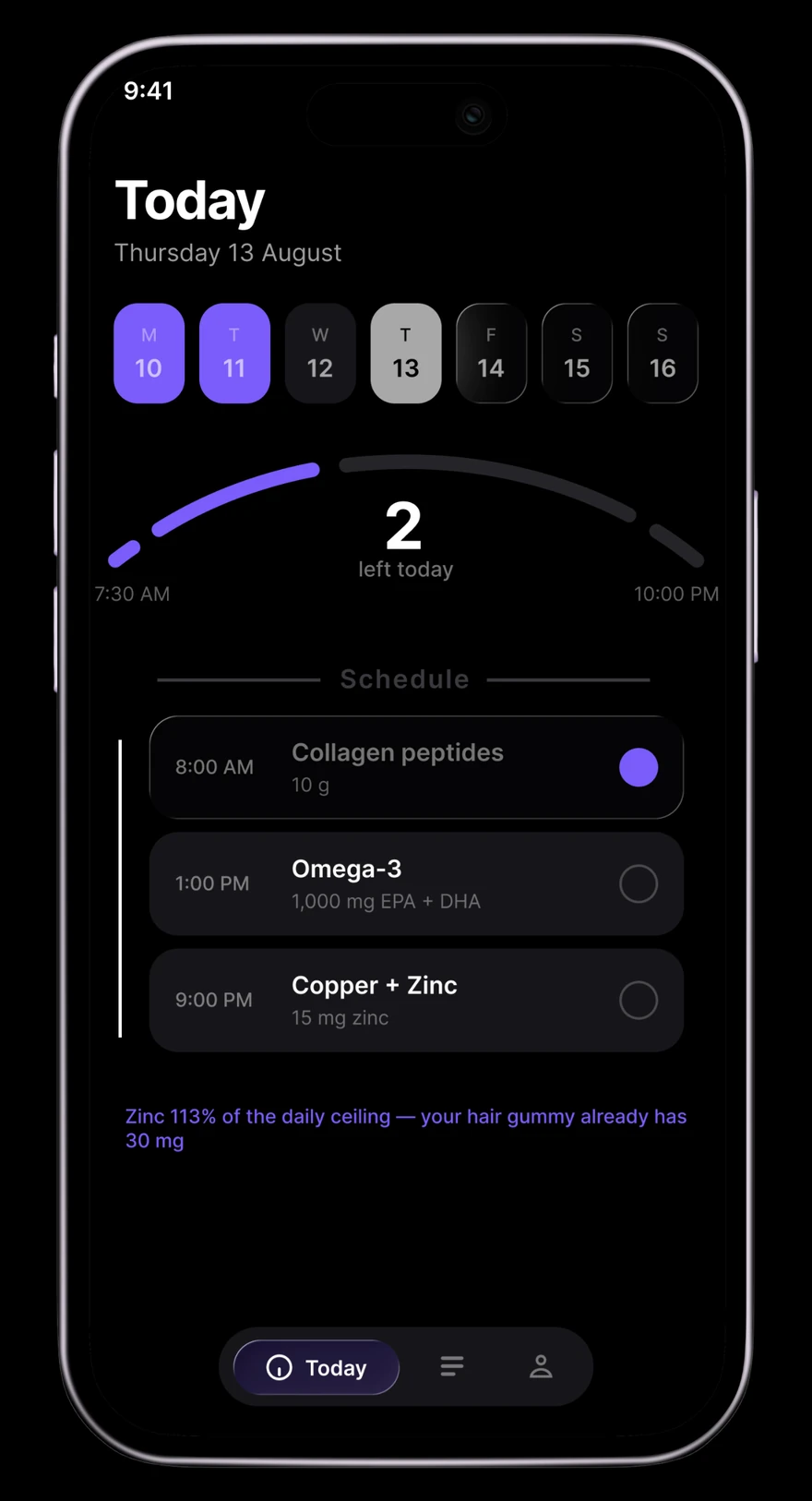 The Home screen: a week strip, an arc reading two left today, and a schedule listing collagen peptides at 8:00, omega-3 at 1:00 and copper with zinc at 9:00.