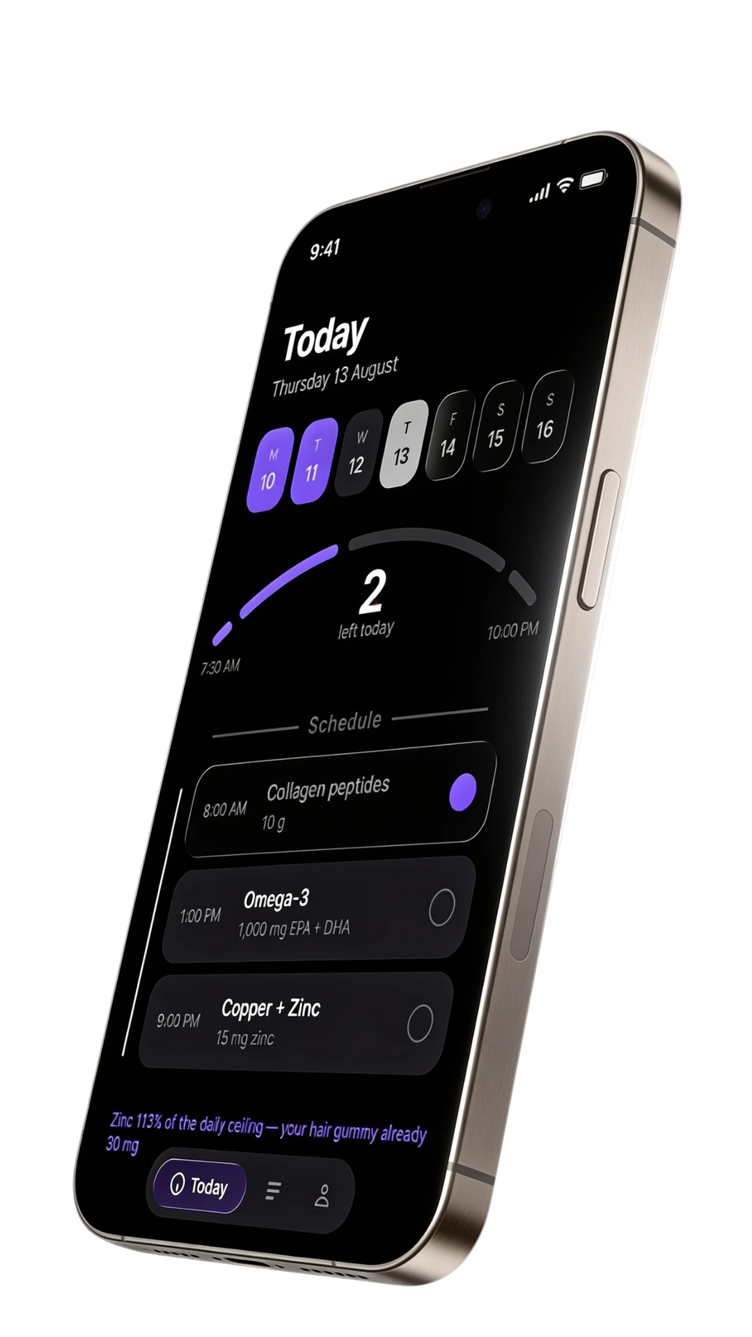 Pepstack on an iPhone, showing the Today screen: a week strip, an arc reading two left today, and a schedule of collagen at 8:00, omega-3 at 1:00 and copper with zinc at 9:00.