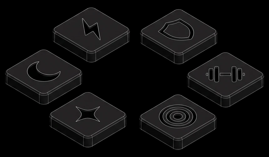 Six goal tiles: energy, immunity, sleep, training, skin and hair, and focus.
